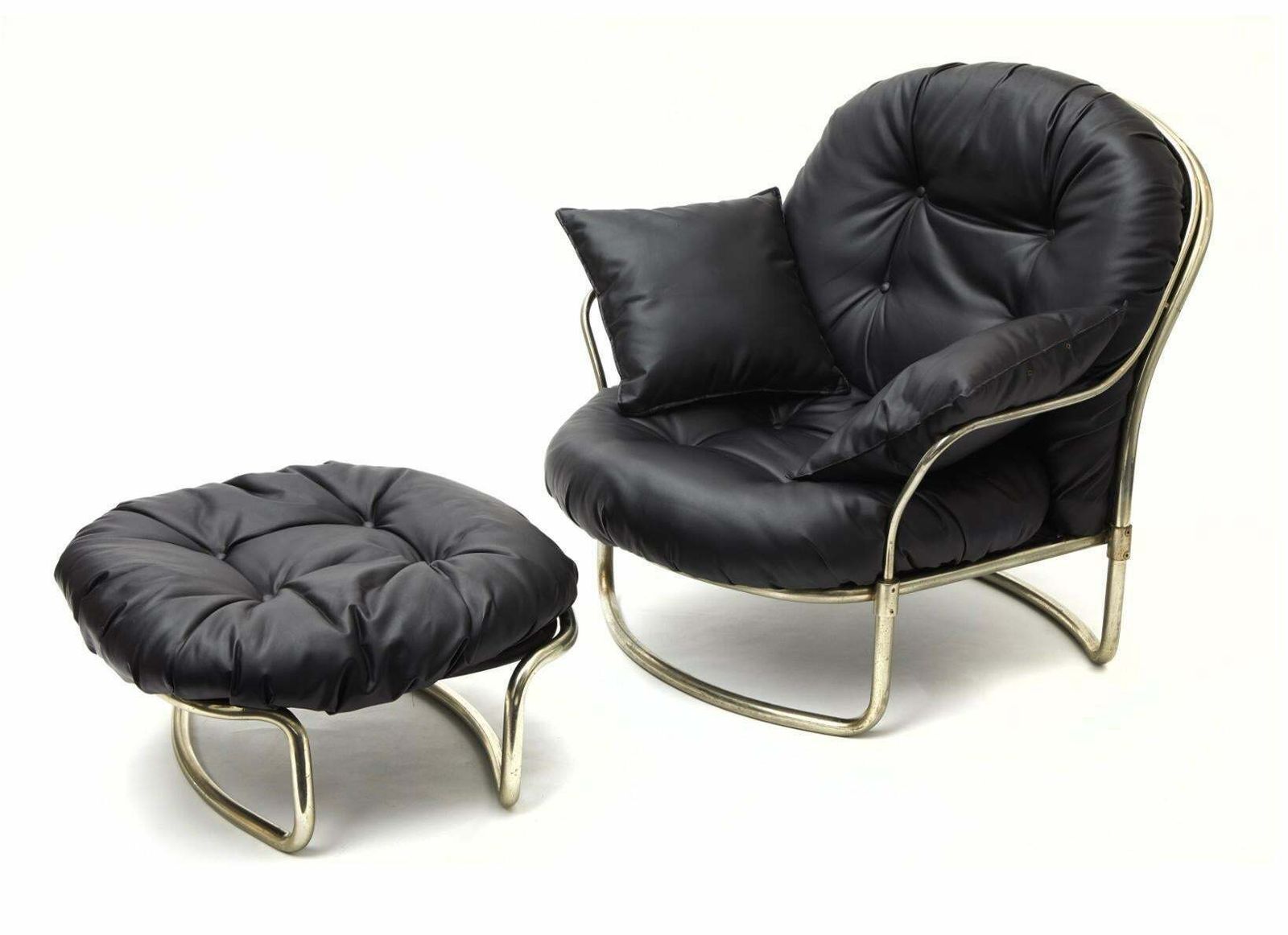 Carlo De Carli Armchair With Puff Chromed Brass Leather 1968 Italy photo furniture
