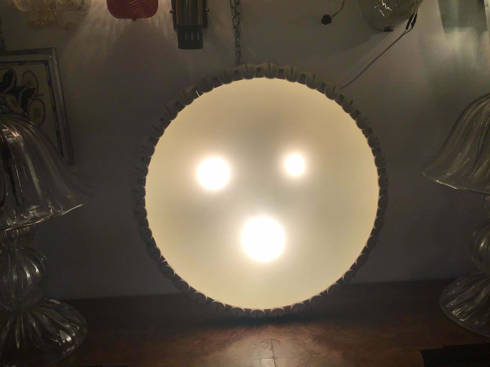 Fontana Arte Ceiling Light Curved Etched Glass Wood Brass, 1940, Italy photo 5425.0