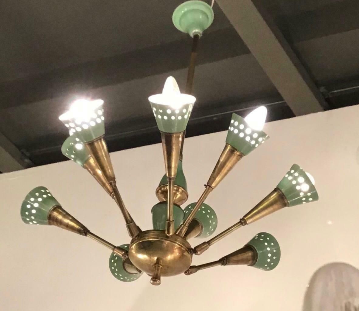 photo for sale Stilnovo Style Chandelier With 9 Adjustable Lights Brass Metal, 1955, Italy