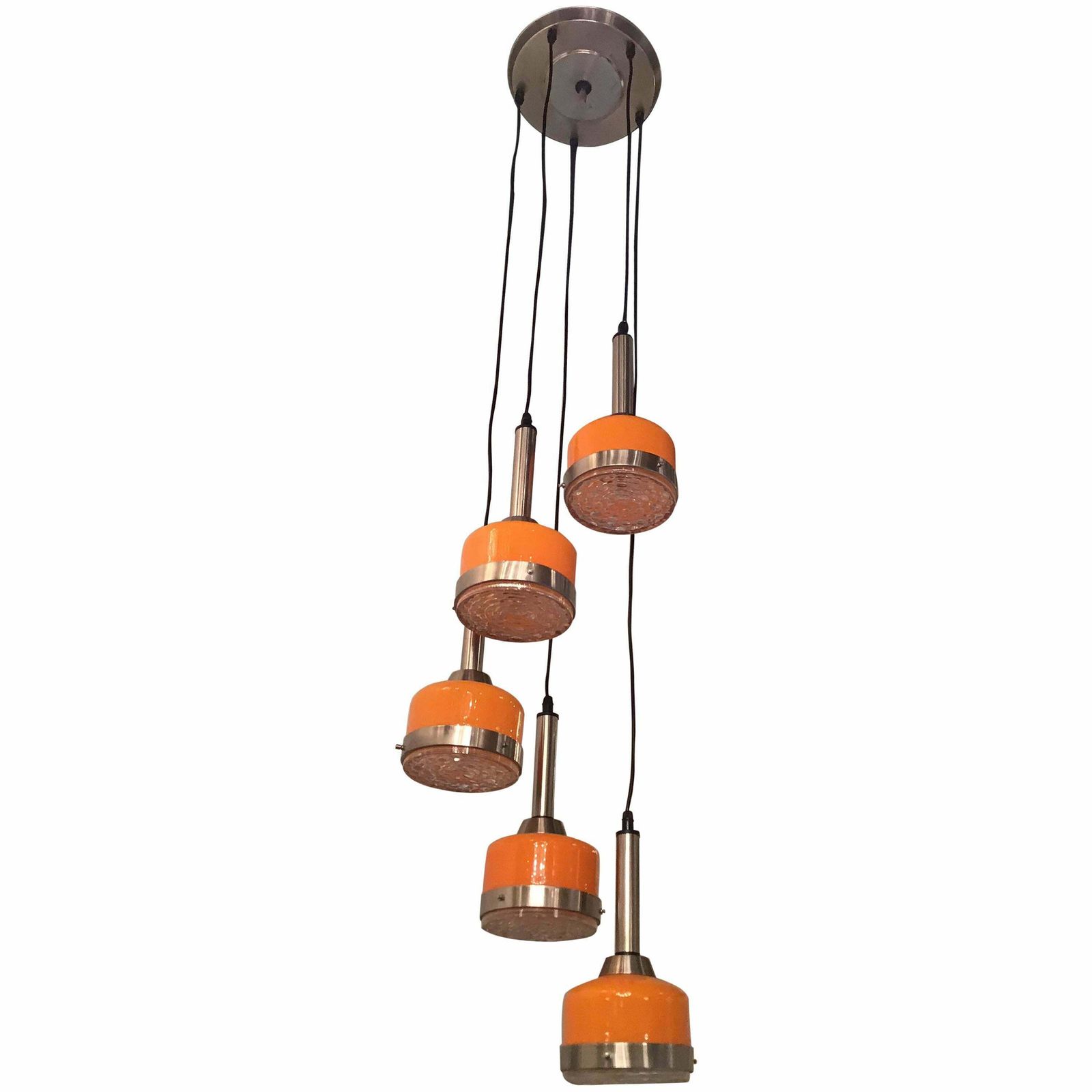 Stilnovo Style Chandelier 5 Light Glass Metal Crome, 1960, Italy