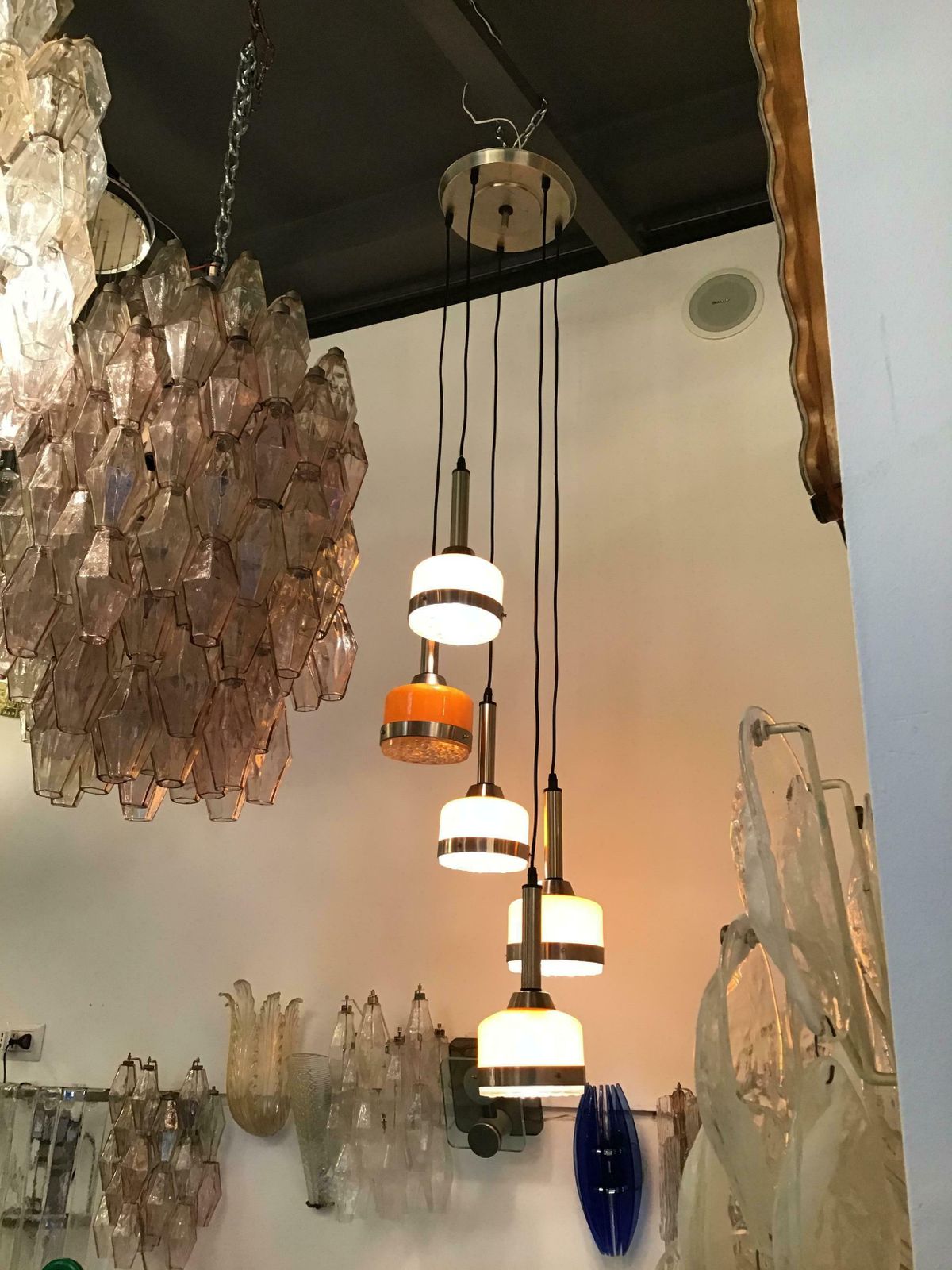 Stilnovo Style Chandelier 5 Light Glass Metal Crome, 1960, Italy photo Lighting