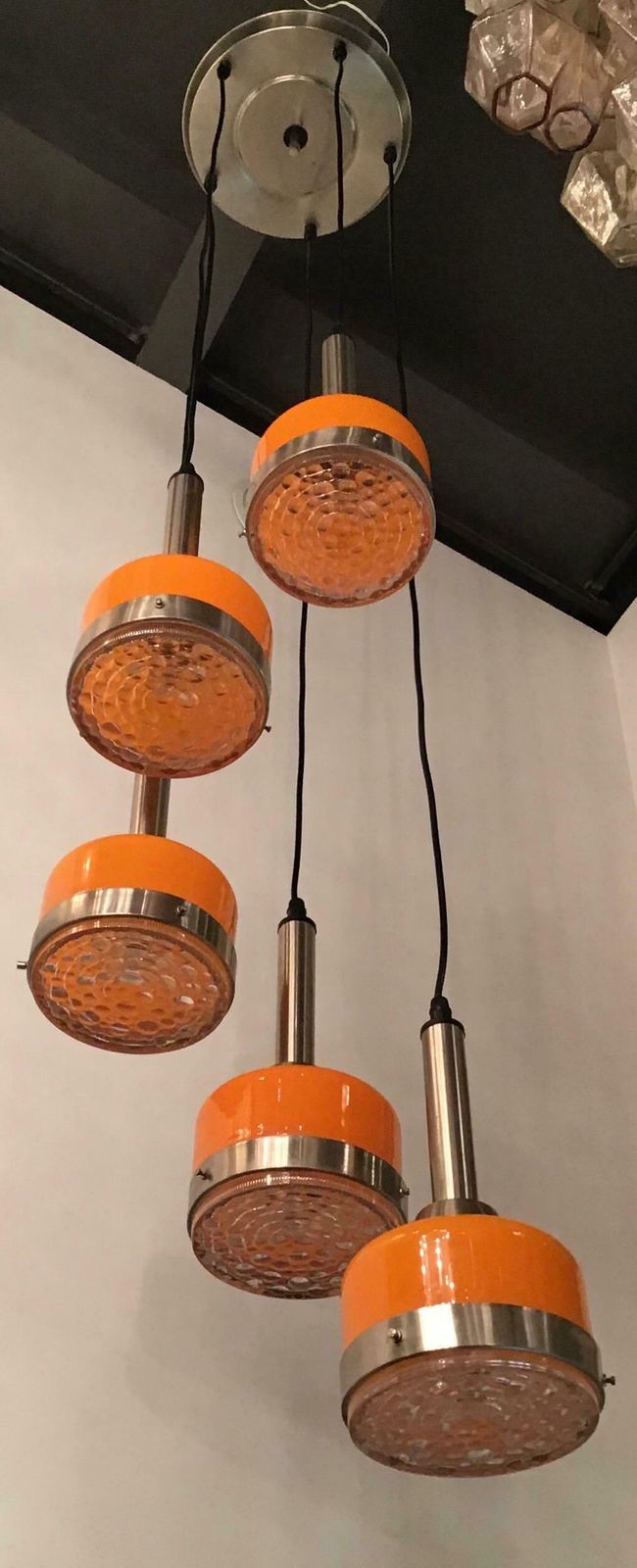 Stilnovo Style Chandelier 5 Light Glass Metal Crome, 1960, Italy photo vintage