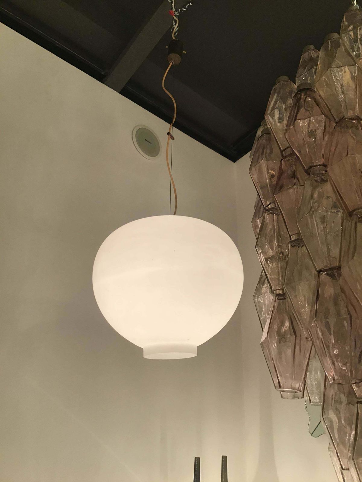Stilnovo Style Chandelier Brass Opaline Glass, 1950, Italy photo 3164.0