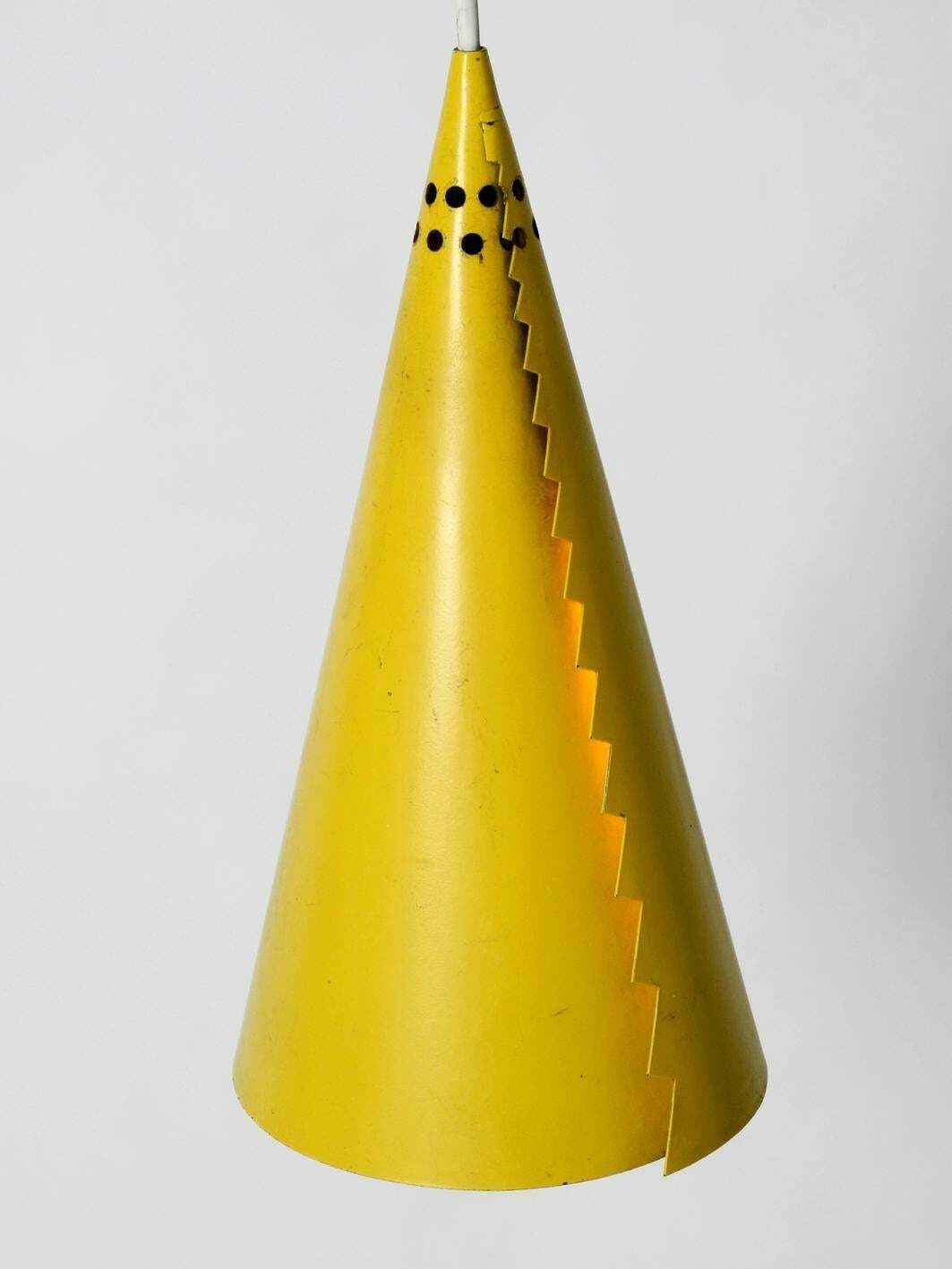 Rare Mid Century Modern Cone Shaped Pendant Lamp Made Of Sheet Steel In Yellow photo for sale