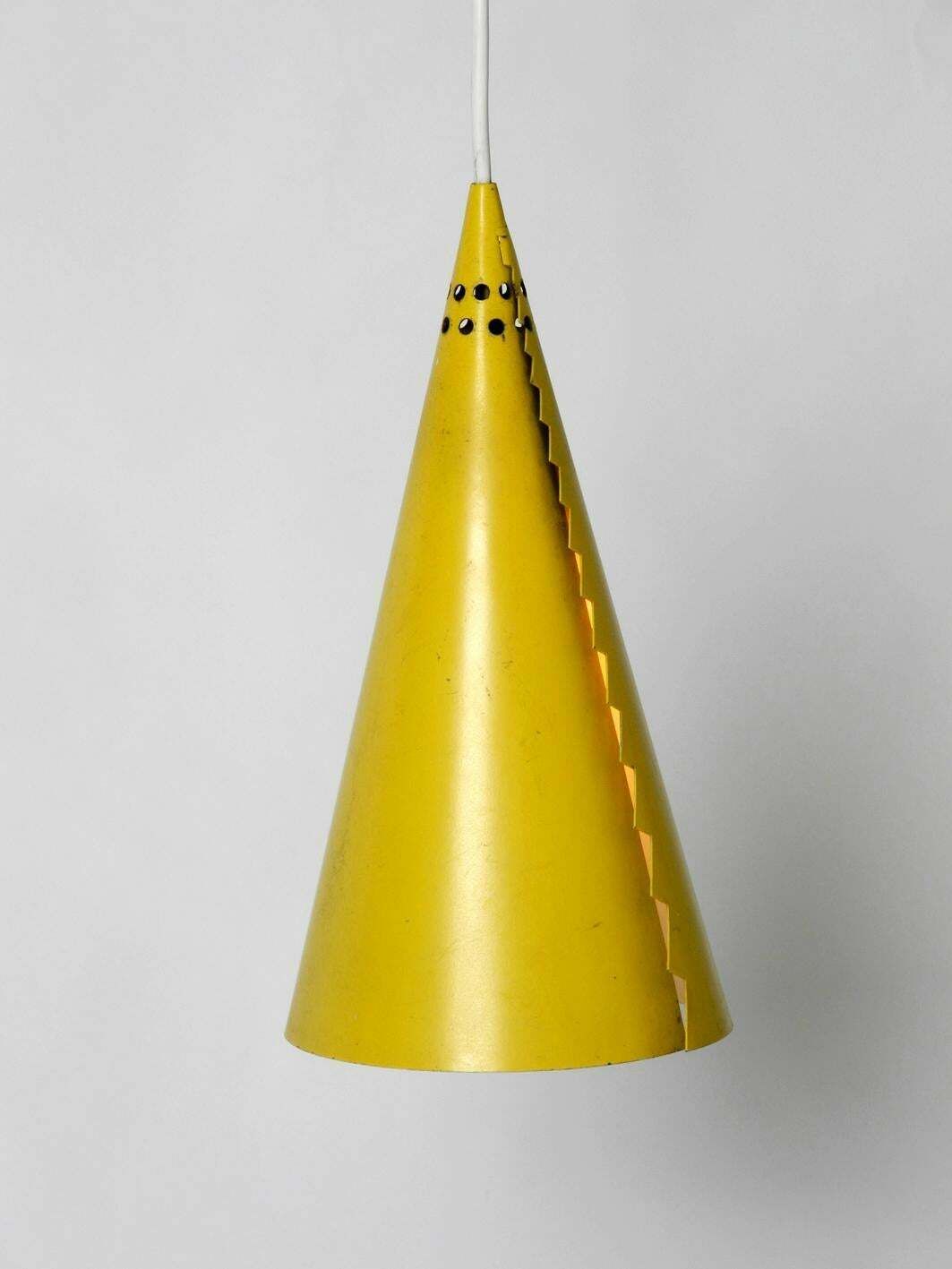 Rare Mid Century Modern Cone Shaped Pendant Lamp Made Of Sheet Steel In Yellow photo Lighting