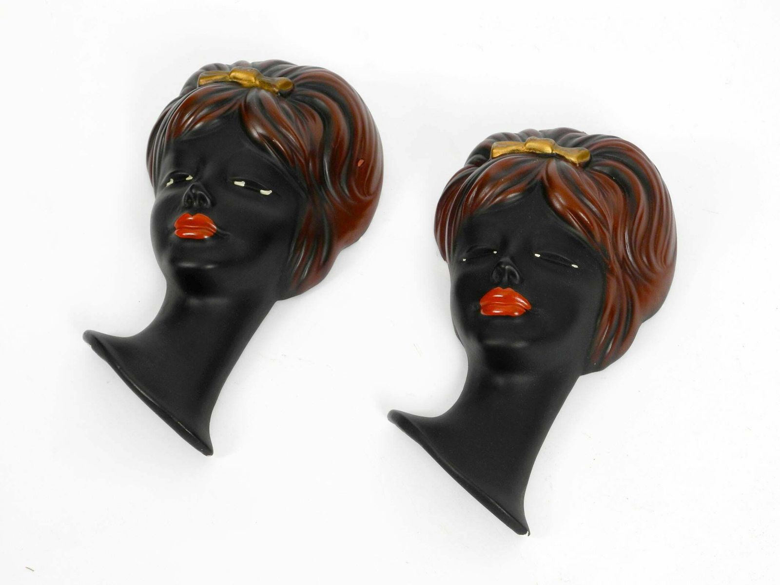 Pair Of Very Beautiful Original Midcentury Hand Painted Ceramic Women Faces photo for sale