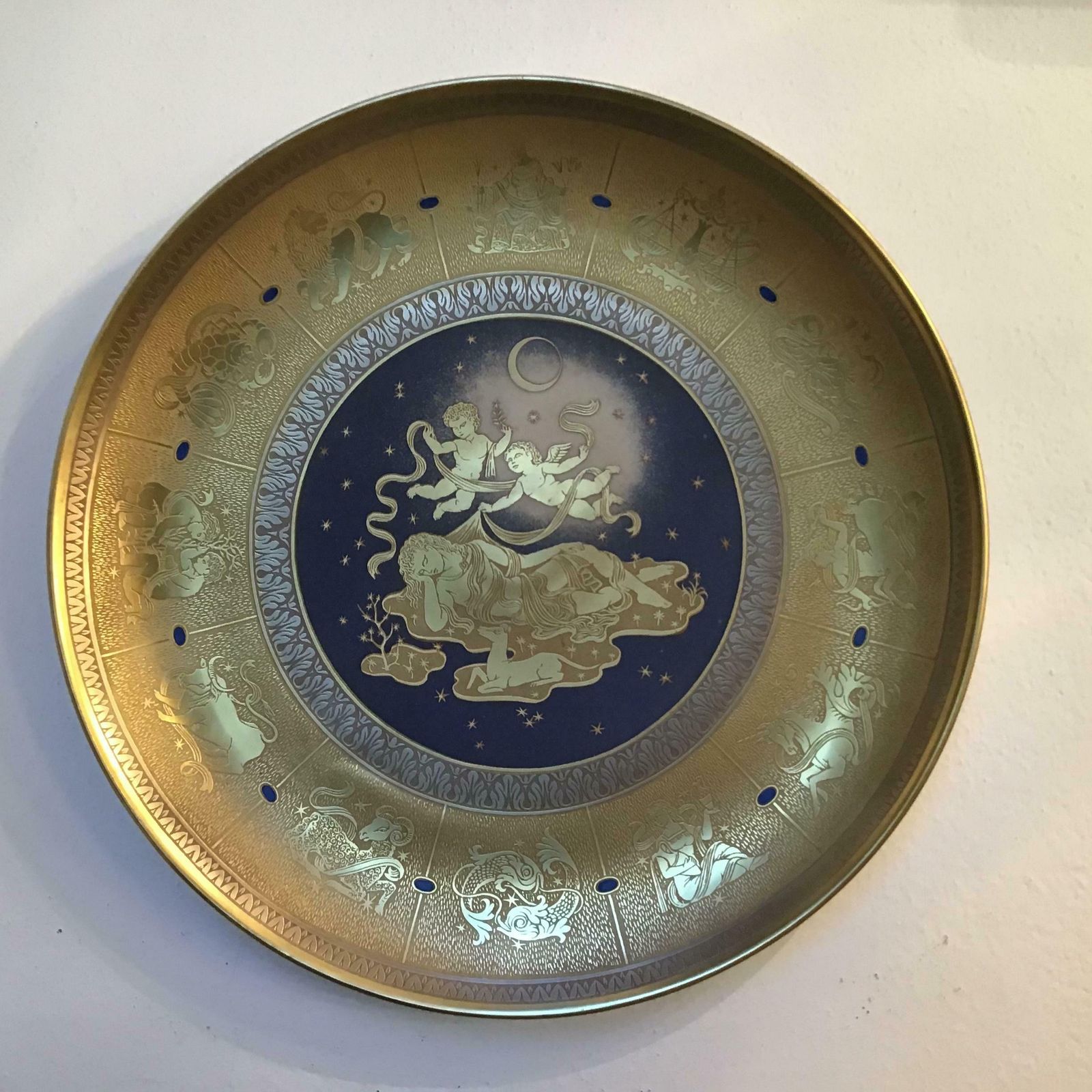 2622.0 Morbelli Wall Plate Gold Porcelain #La Notte” 1960 Italy photo