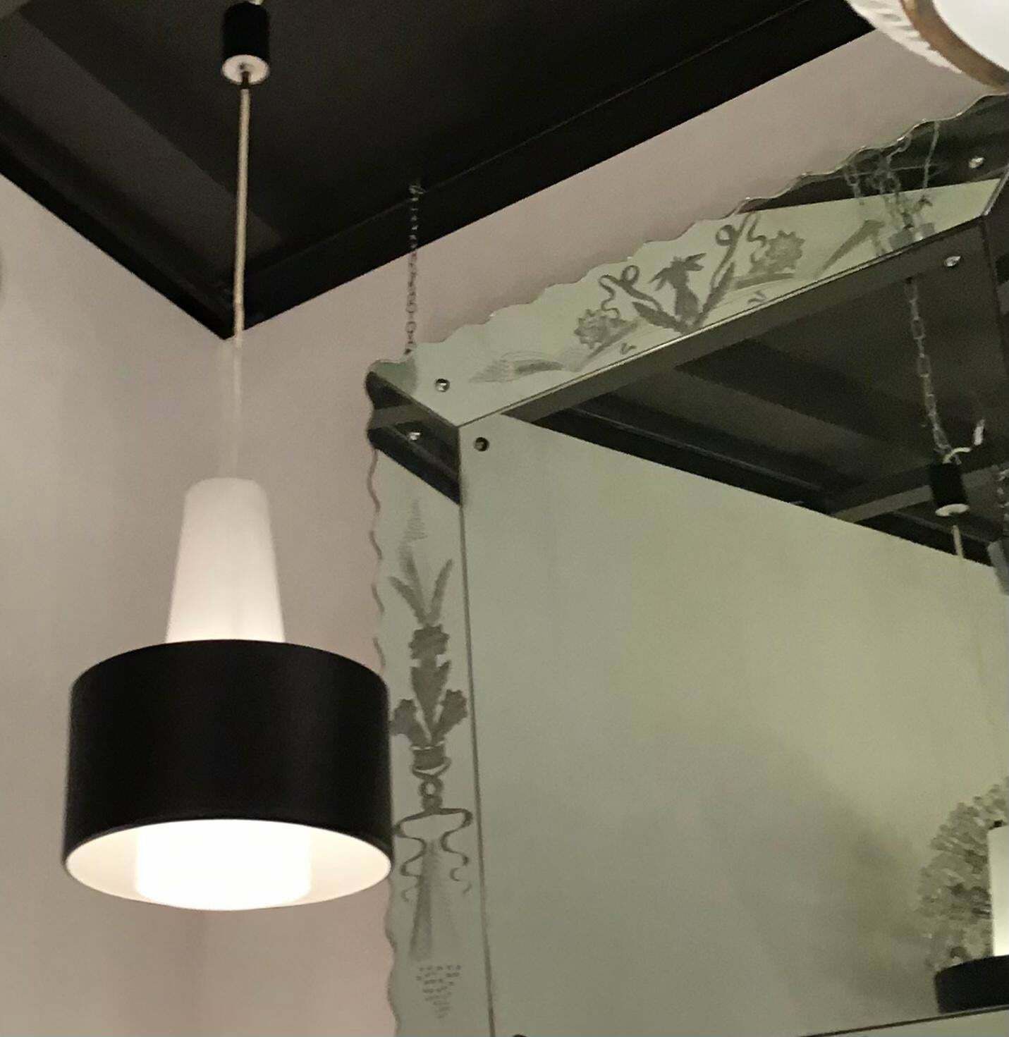 Stilnovo Chandelier Brass Opaline Glass Metal, 1950, Italy