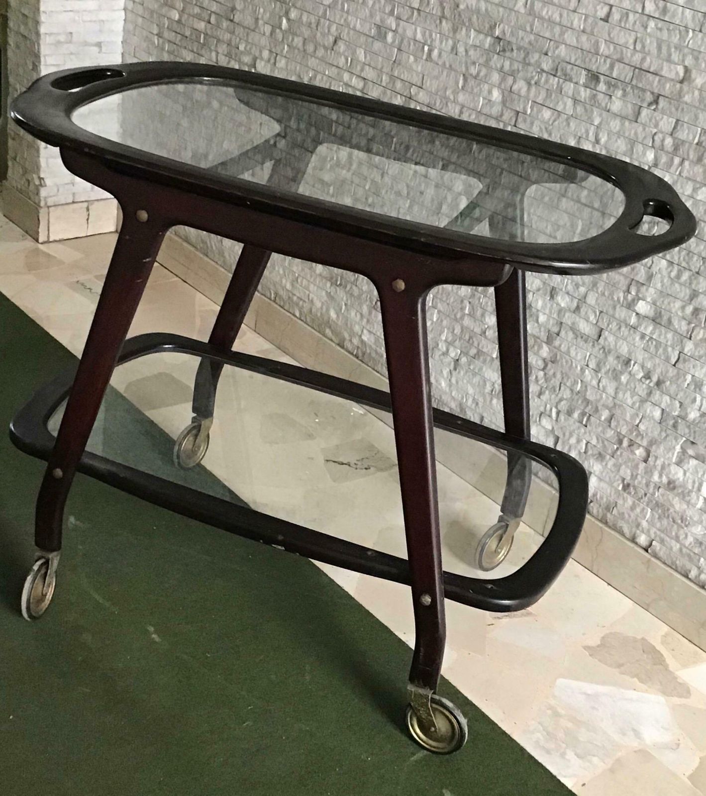 Cesare Lacca Bar Trolley With Movable Tray Wood Brass, 1950, Italy photo for sale