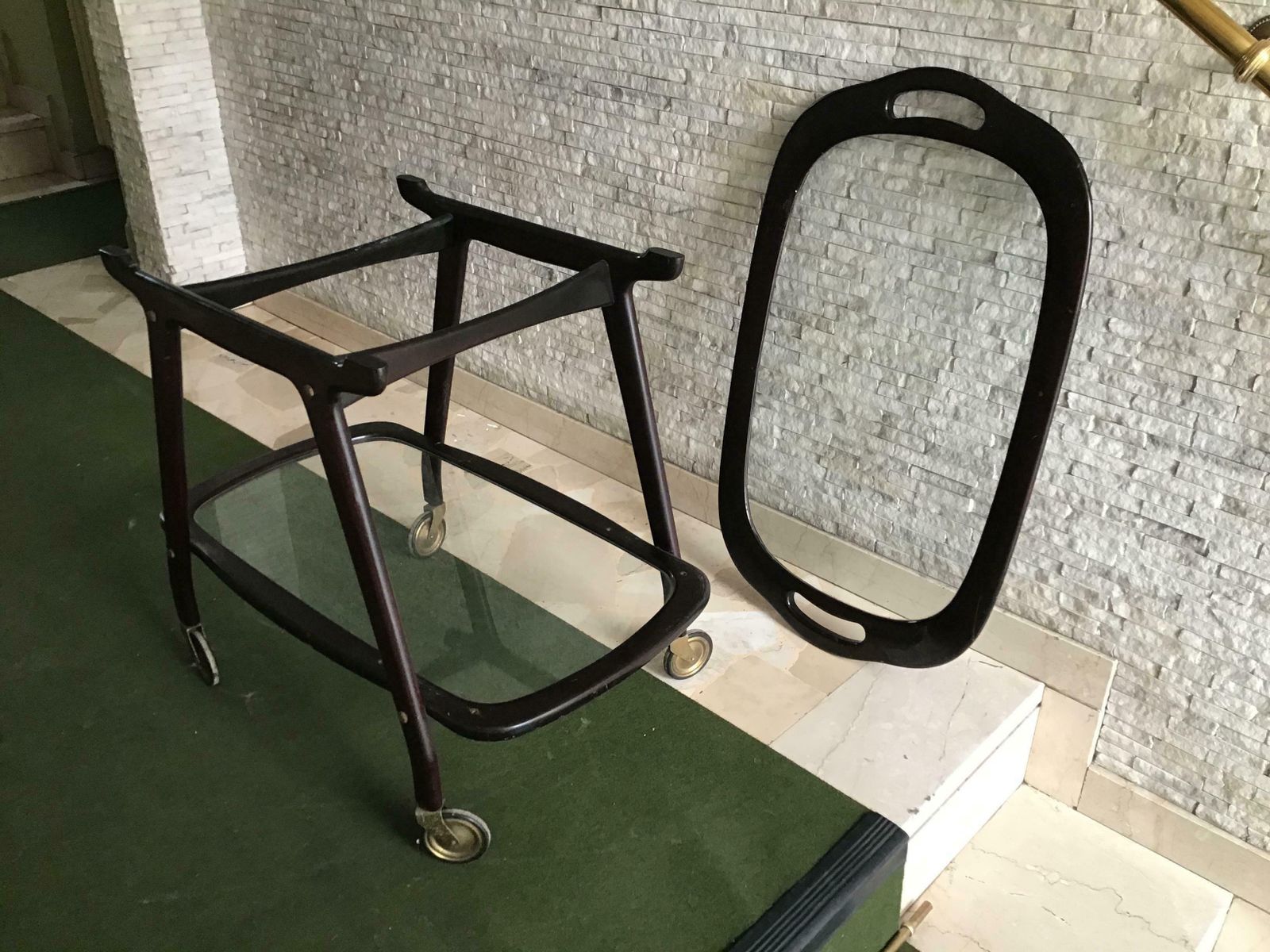 photo furniture Cesare Lacca Bar Trolley With Movable Tray Wood Brass, 1950, Italy