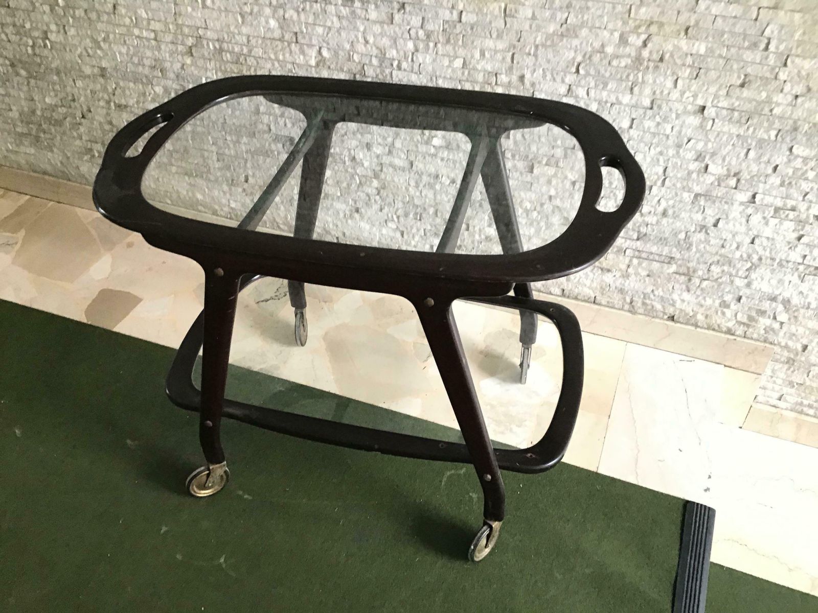 Furniture Cesare Lacca Bar Trolley With Movable Tray Wood Brass, 1950, Italy photo
