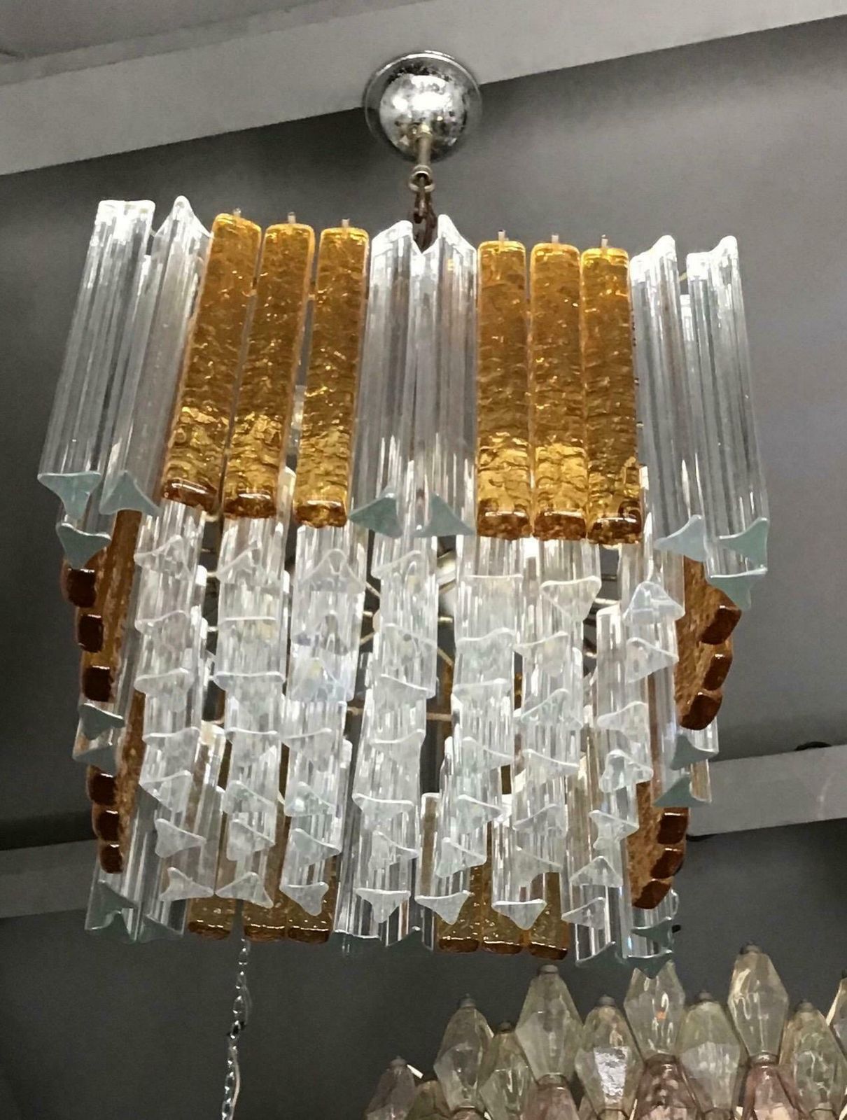 Venini Triedri Chandelier Murano Glass Iron 1960 Italy photo for sale