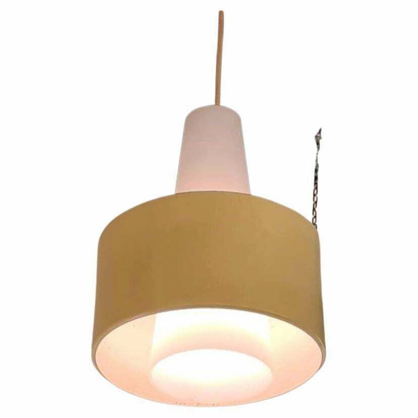 photo vinterior Stilnovo Chandelier Brass Opaline Glass Metal 1950 Italy