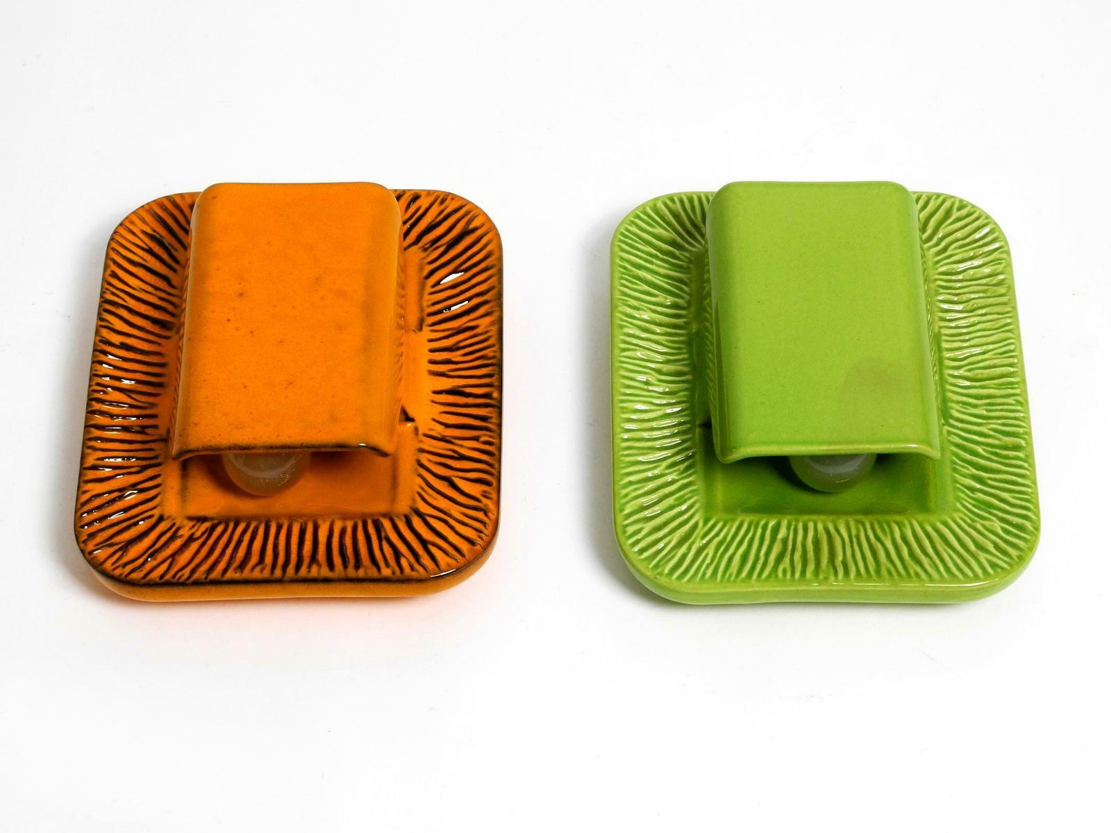 Pair Of Extraordinary Orange And Green Glazed 60s Ceramic Wall Lights By Kaiser