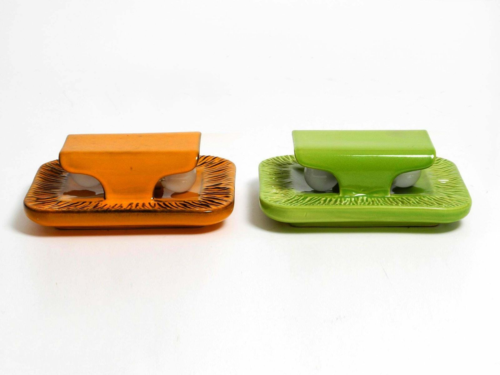 Pair Of Extraordinary Orange And Green Glazed 60s Ceramic Wall Lights By Kaiser photo for sale
