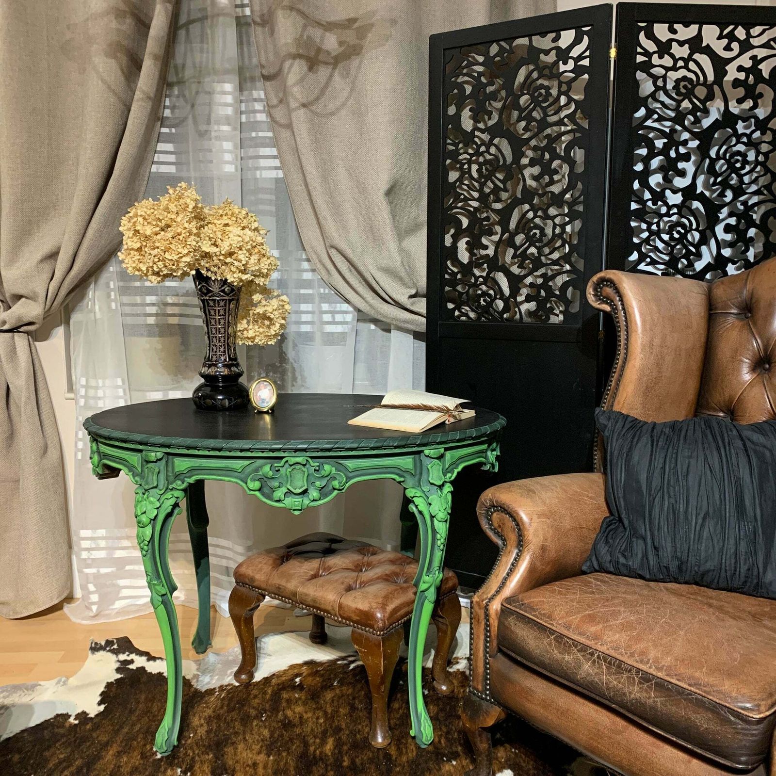 Painted French Antique Table Oval Ornate Carvings Green And Black Colours
