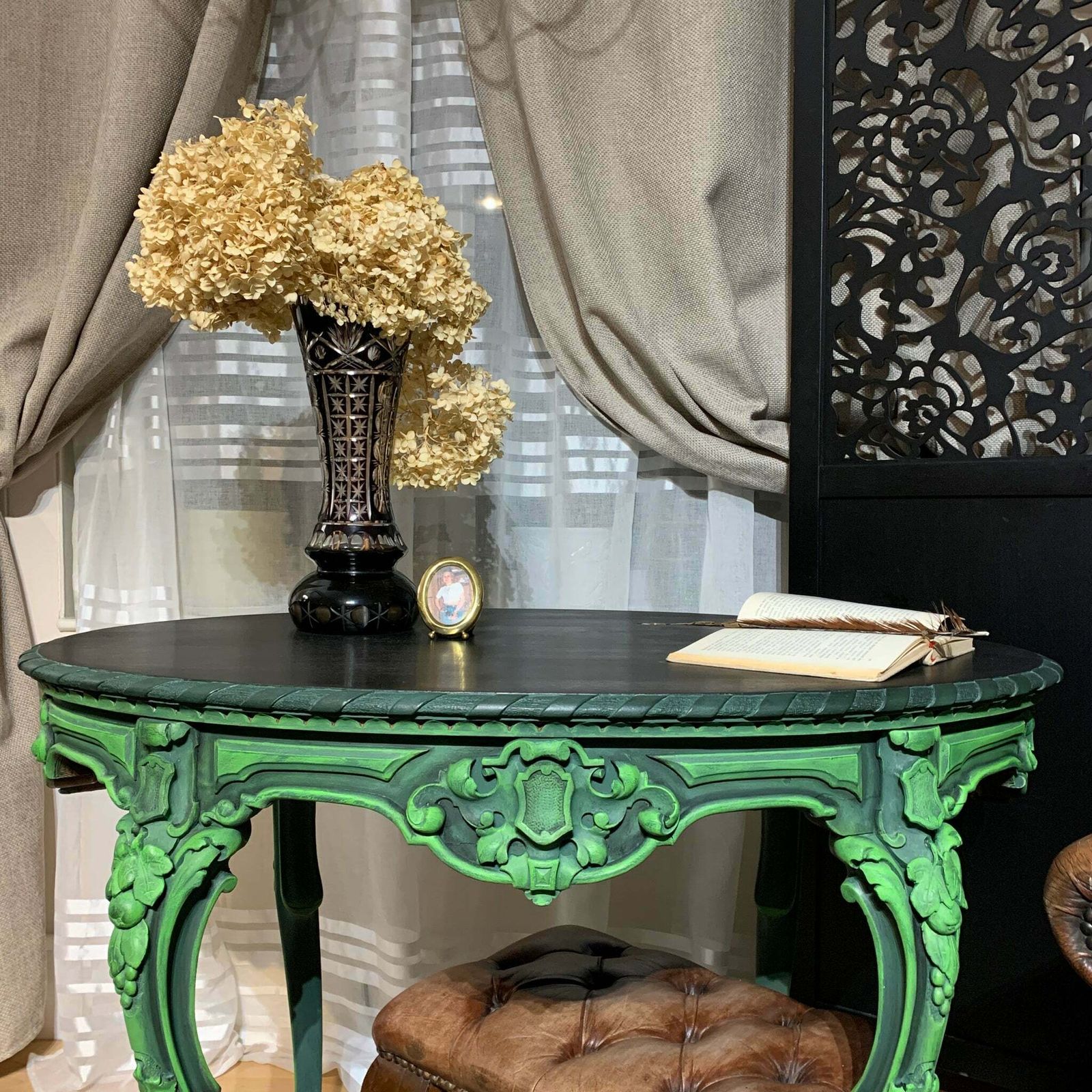 Painted French Antique Table Oval Ornate Carvings Green And Black Colours photo furniture