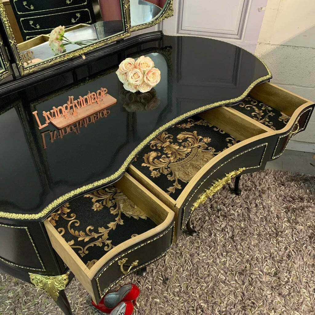 Black Gloss Dressing Table French Style Olympus Dressing Table Black & Gold Gloss Furniture photo for sale