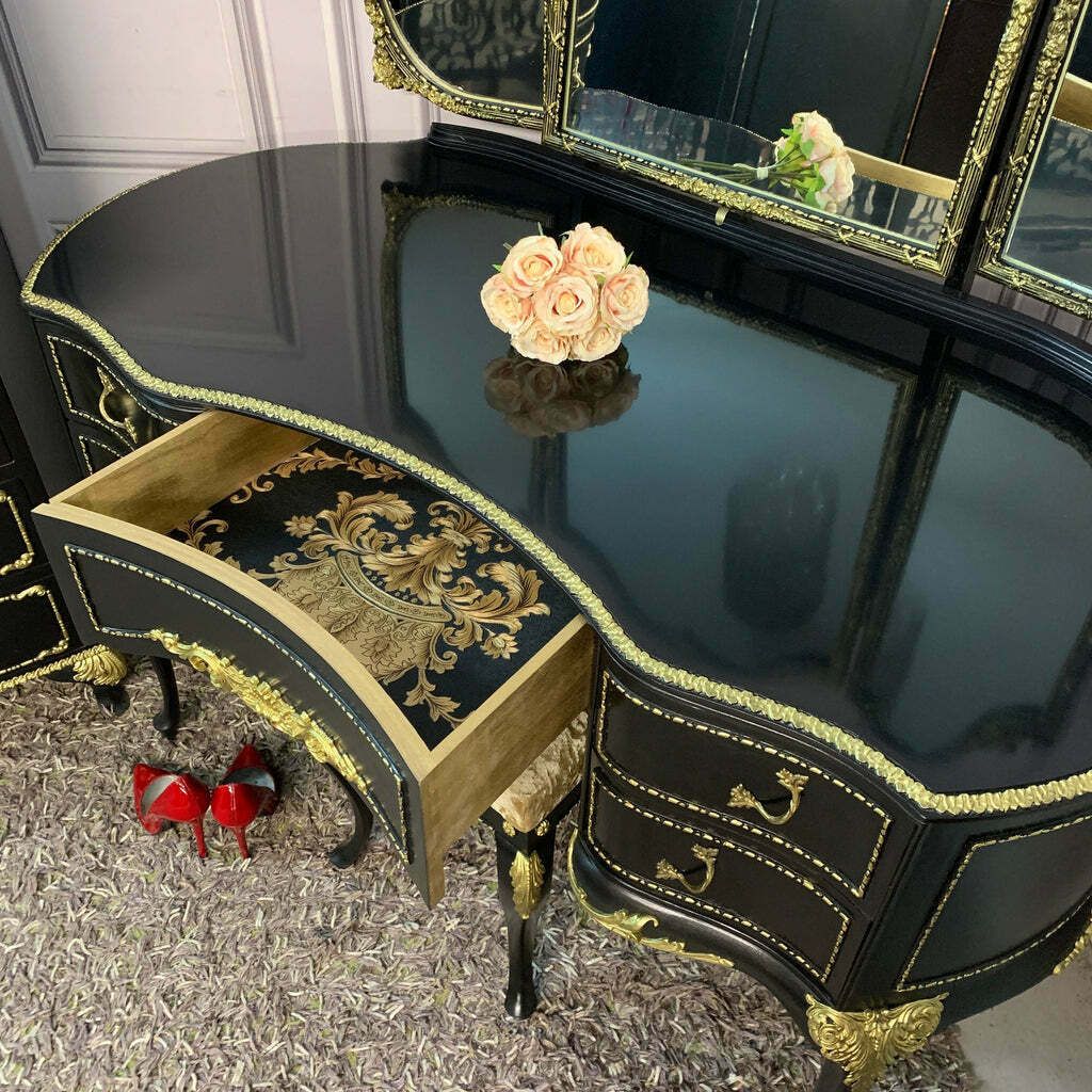 Black Gloss Dressing Table French Style Olympus Dressing Table Black & Gold Gloss Furniture photo buy