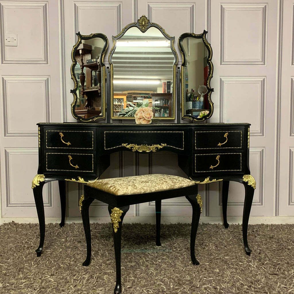 Luxurious Dressing Table High Gloss Black & Gold Olympus Furniture photo vintage
