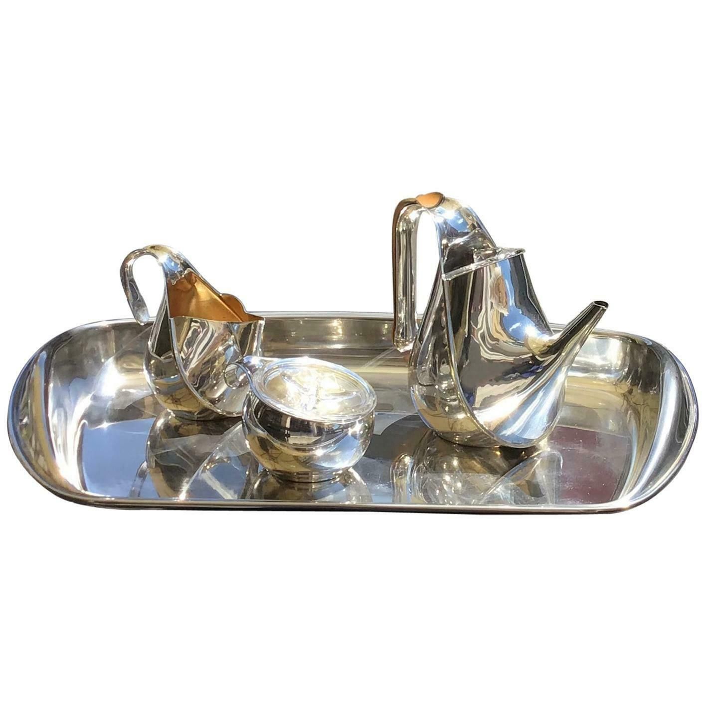 Alessi Silver Wet Steel Tea Set Oronda “Oscar Tusquets” Silver Wood Glass, 1983