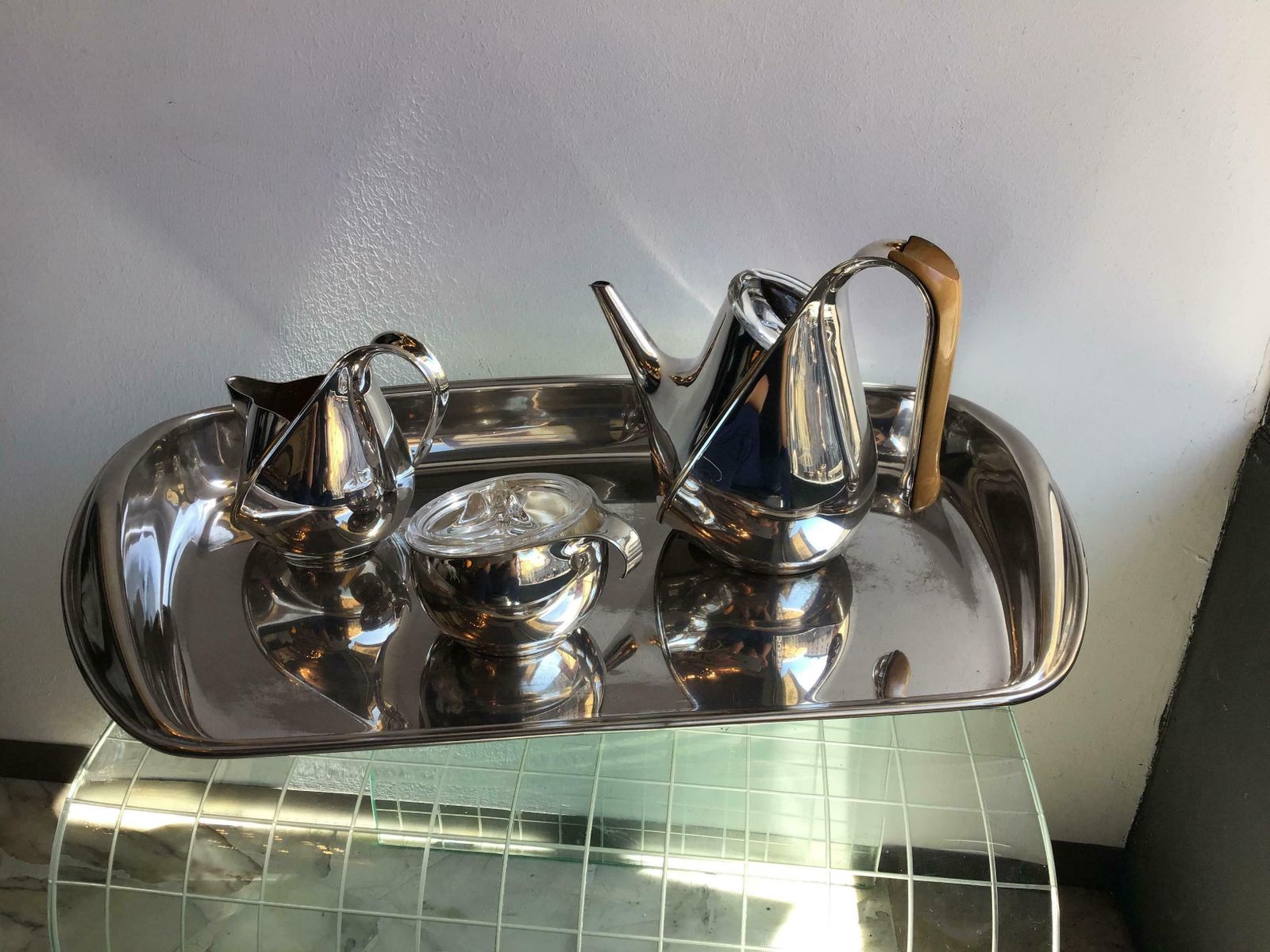 Alessi Silver Wet Steel Tea Set Oronda “Oscar Tusquets” Silver Wood Glass, 1983 photo vinterior