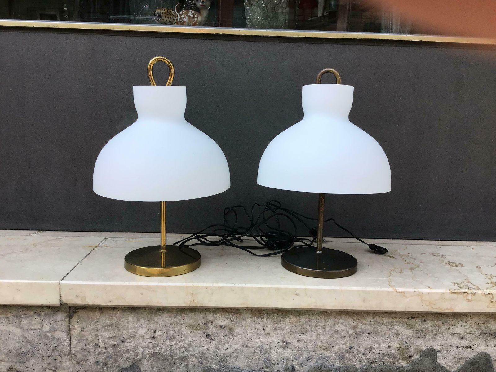Ignazio Gardella Table Lamps Azucena Brass And Opaline Glass 1950 Italy photo buy
