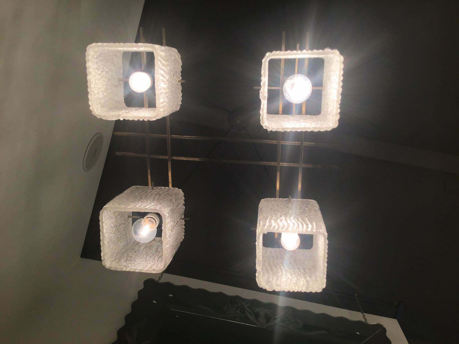 Stilnovo Style Chandelier 1955 Brass Metal Iron Murano Glass, Italy photo for sale