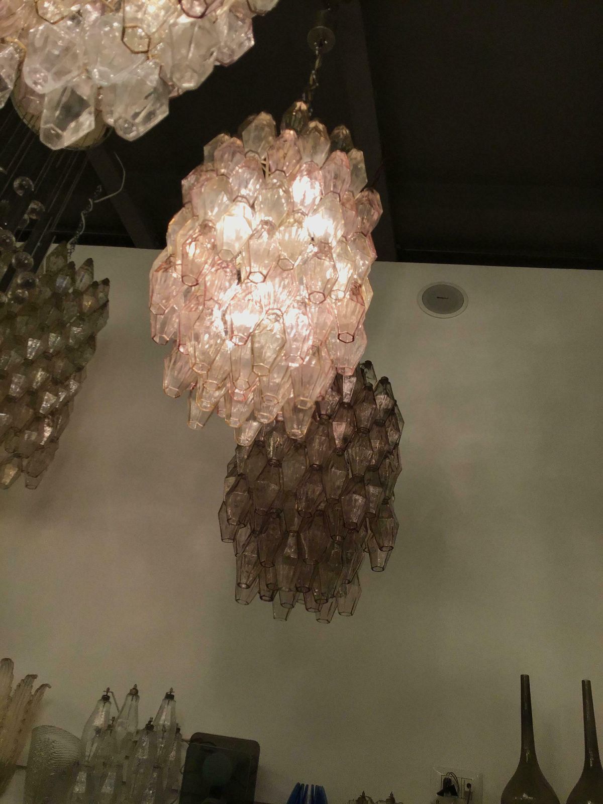 Venini Carlo Scarpa Poliedri Couple Chandelier Murano Glass Brass, 1950, Italy photo vintage