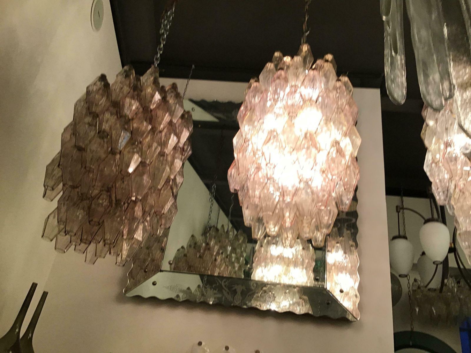 Lighting Venini Carlo Scarpa Poliedri Couple Chandelier Murano Glass Brass, 1950, Italy photo