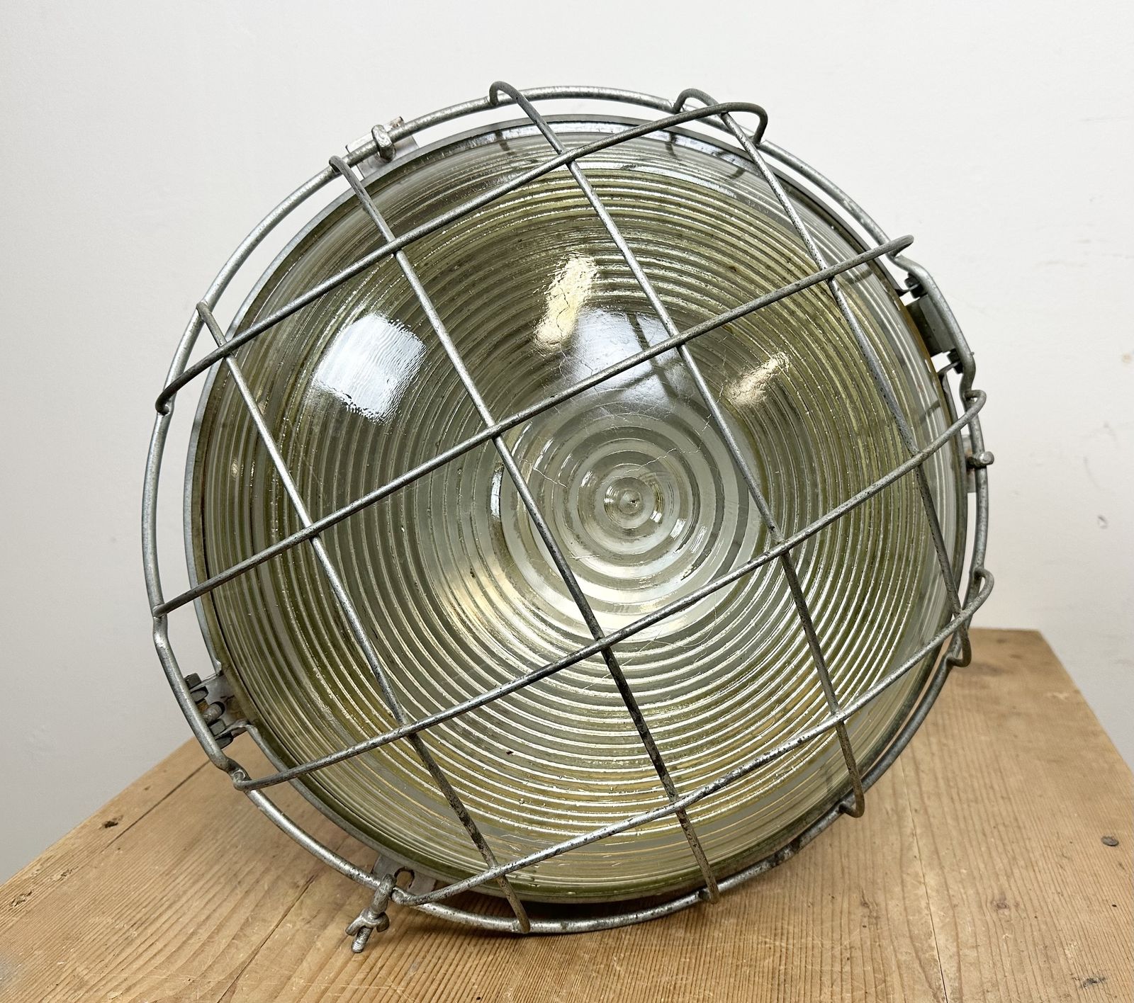 photo vintage Industrial Cage Factory Pendant Lamp With Glass Cover From Mesko, 1970s, 2x