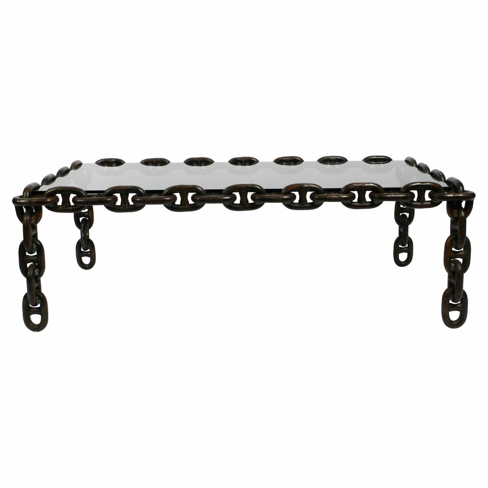 1970s Xl Coffee Table Made Of Nautical Iron Chain And A Thick Smoked Glass Plate