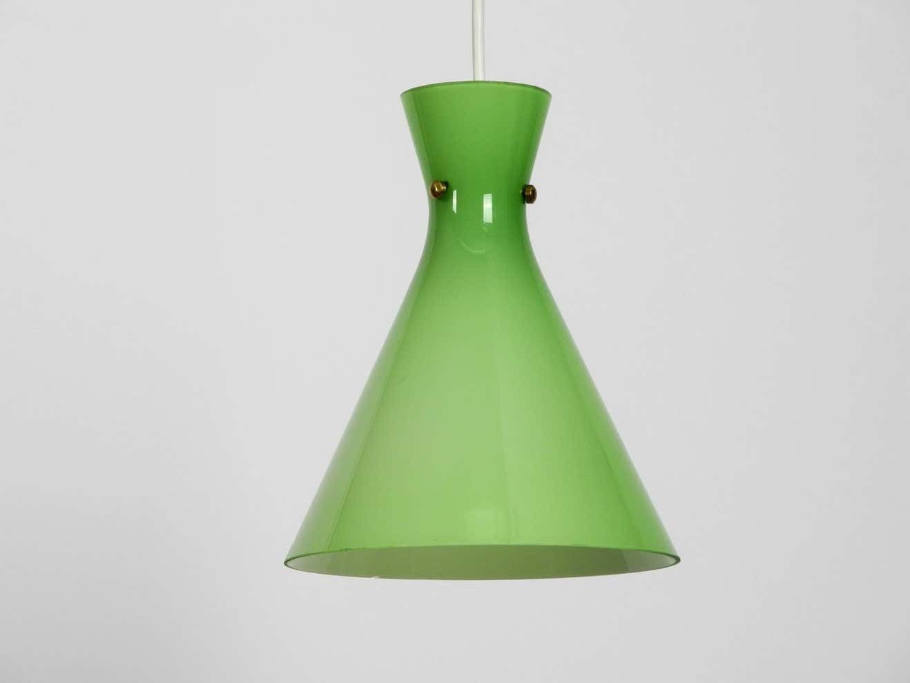 529.0 Very Beautiful Midcentury Flashed Glass Diabolo Pendant Lamp In Green photo