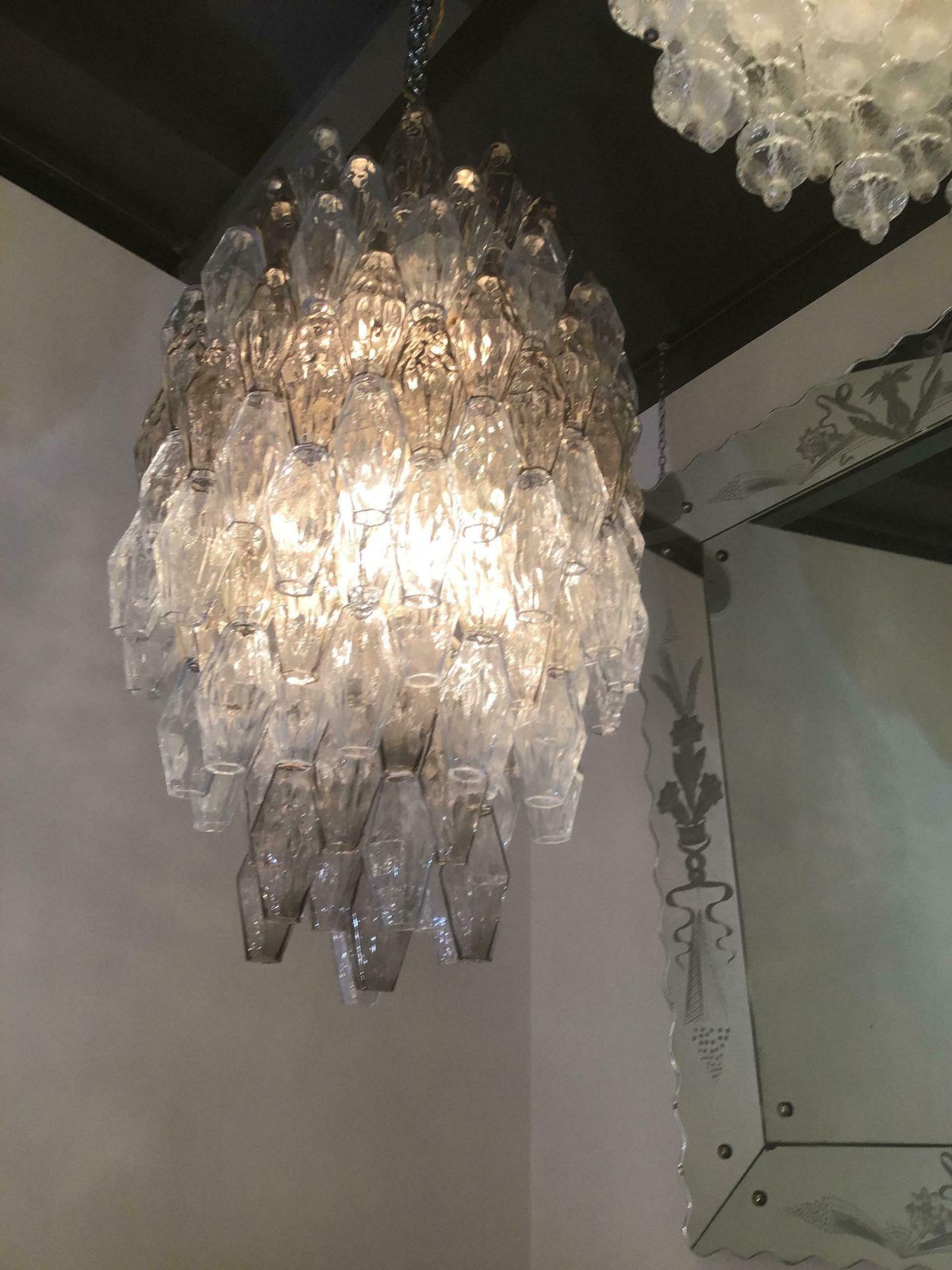 photo furniture Venini Carlo Scarpa Chandelier Poliedri Murano Light Bluend Brass, 1950