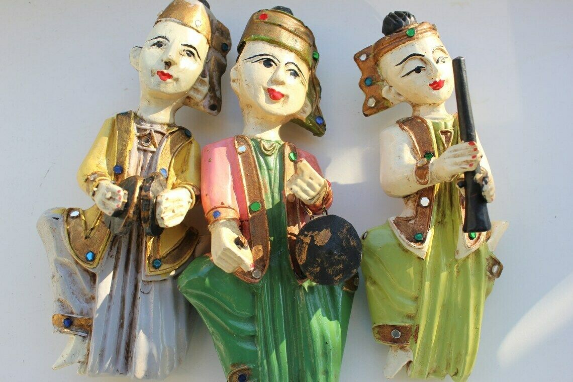 Set Of Three Thai Musicians Sculptures Vintage Carved , Hand Painted Wood Figurines, Love Yoga Gift