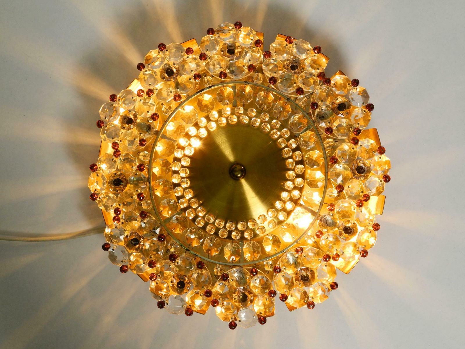 Beautiful Mid Century Modern Ceiling Lamp Made Of Glass Stones And Brass Frame photo for sale