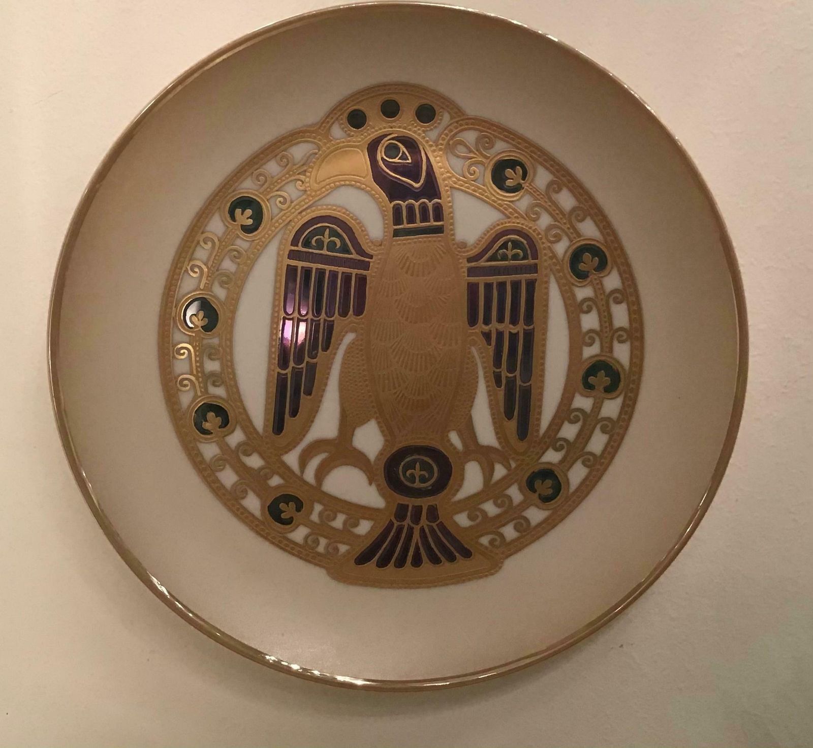 photo vinterior Morbelli Porcelain “Gioiellò Germany Wall Plate Worked With Pure Gold 1960 Italy
