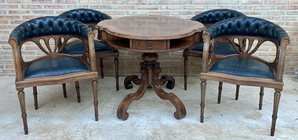 photo vintage French Dining Armchairs In Leather And Walnut, 1950s, Set Of 4
