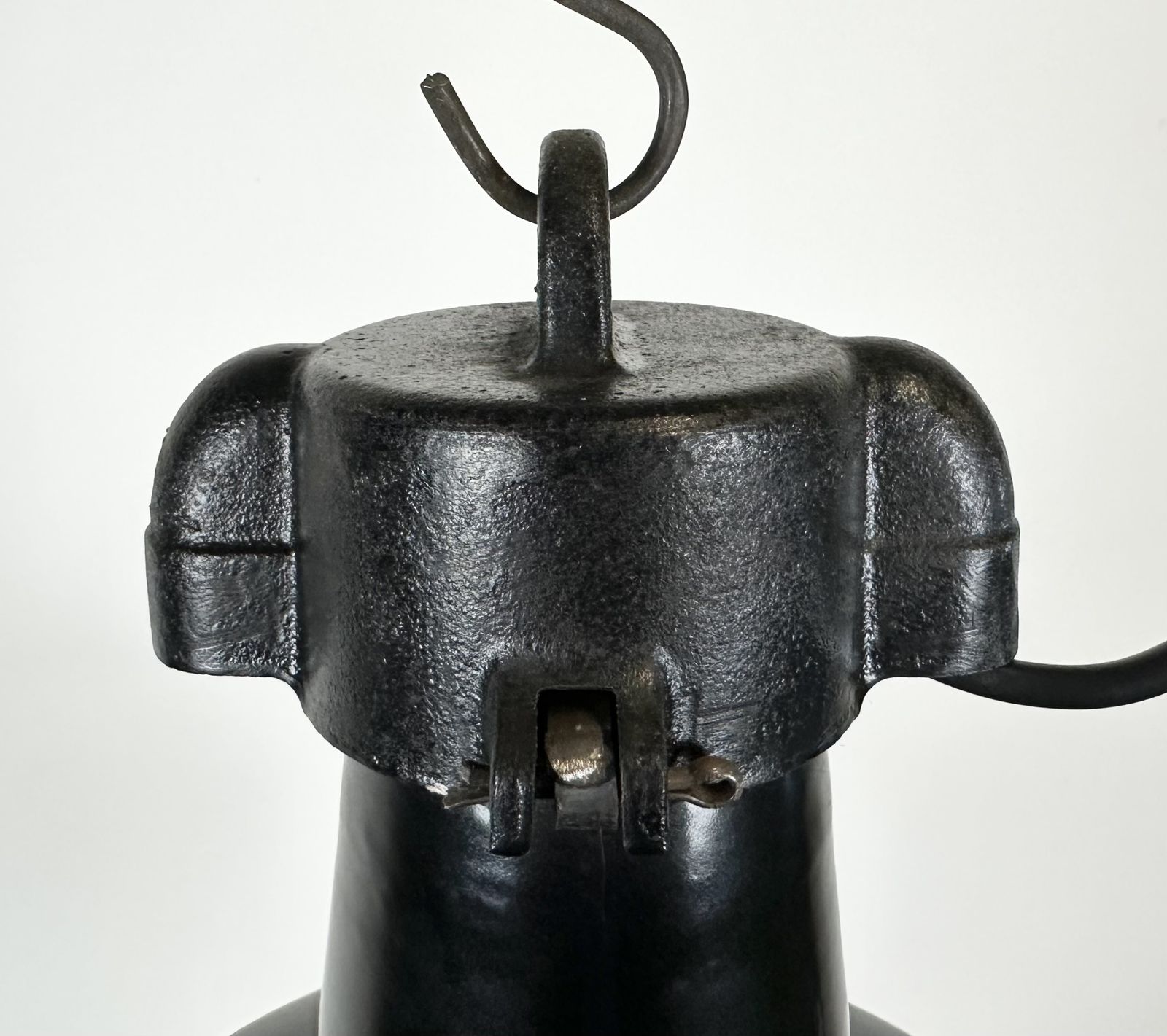 Industrial Black Enamel Factory Lamp With Cast Iron Top, 1960s photo for sale