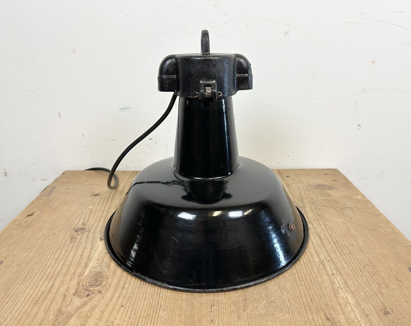 photo for sale Industrial Black Enamel Factory Lamp With Cast Iron Top, 1960s