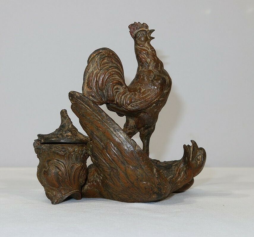 photo buy Inkwell In Patinated Spelter “Le Coq Patriotique” – Late 19th Century