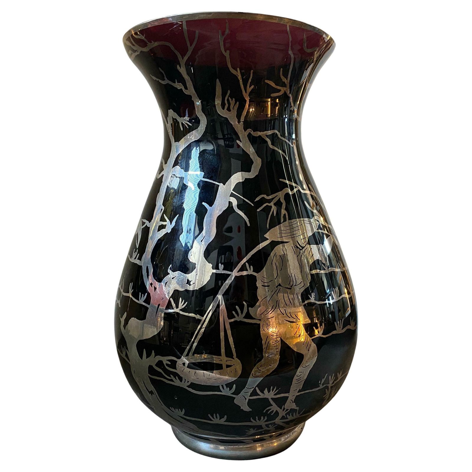 1930s Purple Glass And Sterling Silver Orientalist Italian Vase