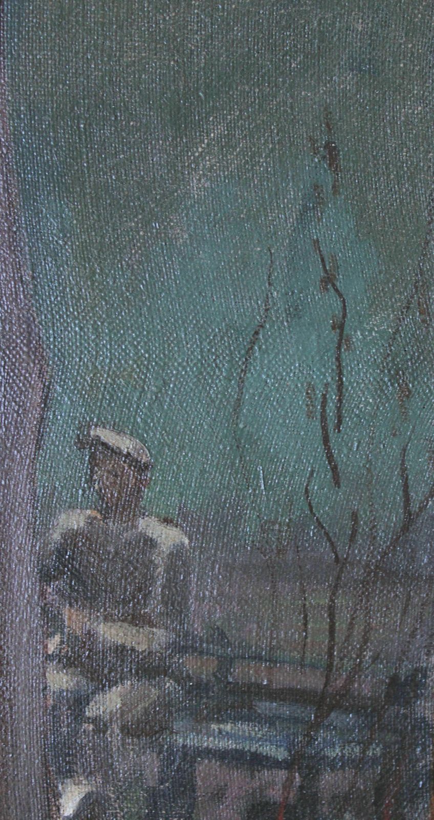 Jekabs Bine Afternoon. Workers With Tractor By The River. Oil On Canvas photo vinterior