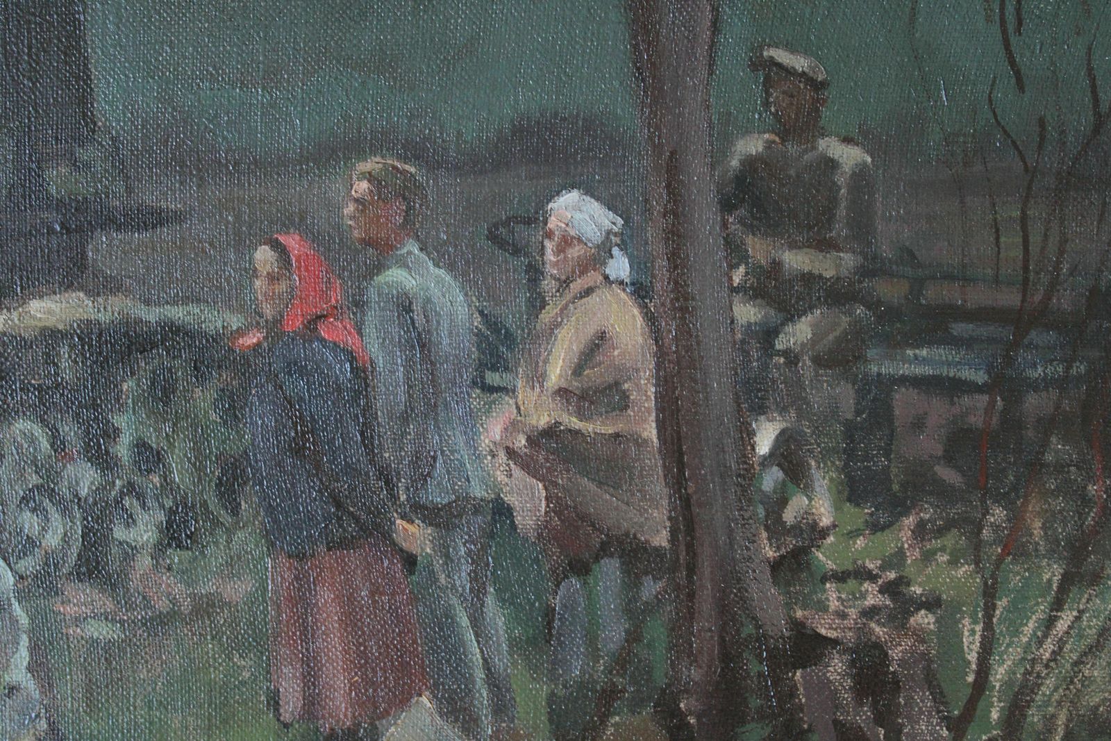 photo for sale Jekabs Bine Afternoon. Workers With Tractor By The River. Oil On Canvas