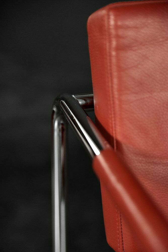 Scandinavian Bauhaus Model Ej 8 Armchairs In Chrome And Red Leather By Torben Skov For Erik Jørgensen Møbelfabrik, 1990, Set Of 2 photo vinterior