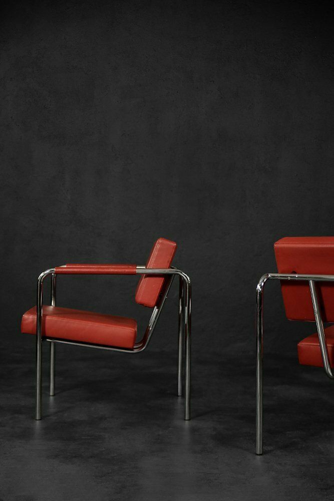 Scandinavische Bauhaus Fauteuils Model Ej 8 In Chroom En Rood Leer Door Torben Skov Voor Erik Jørgensen Møbelfabrik, 1990, Set Van 2 photo buy