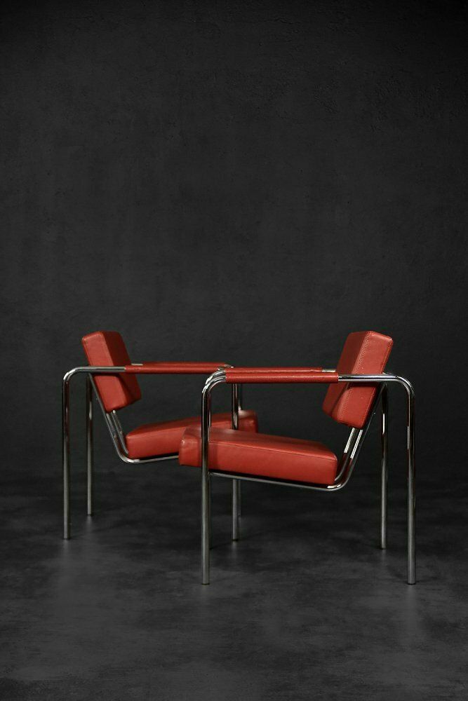 3000.0 Scandinavian Bauhaus Model Ej 8 Armchairs In Chrome And Red Leather By Torben Skov For Erik Jørgensen Møbelfabrik, 1990, Set Of 2 photo