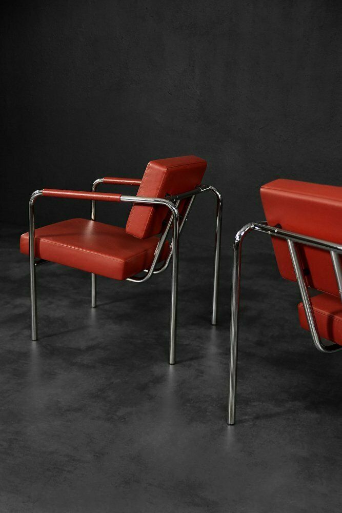 photo buy Scandinavian Bauhaus Model Ej 8 Armchairs In Chrome And Red Leather By Torben Skov For Erik Jørgensen Møbelfabrik, 1990, Set Of 2