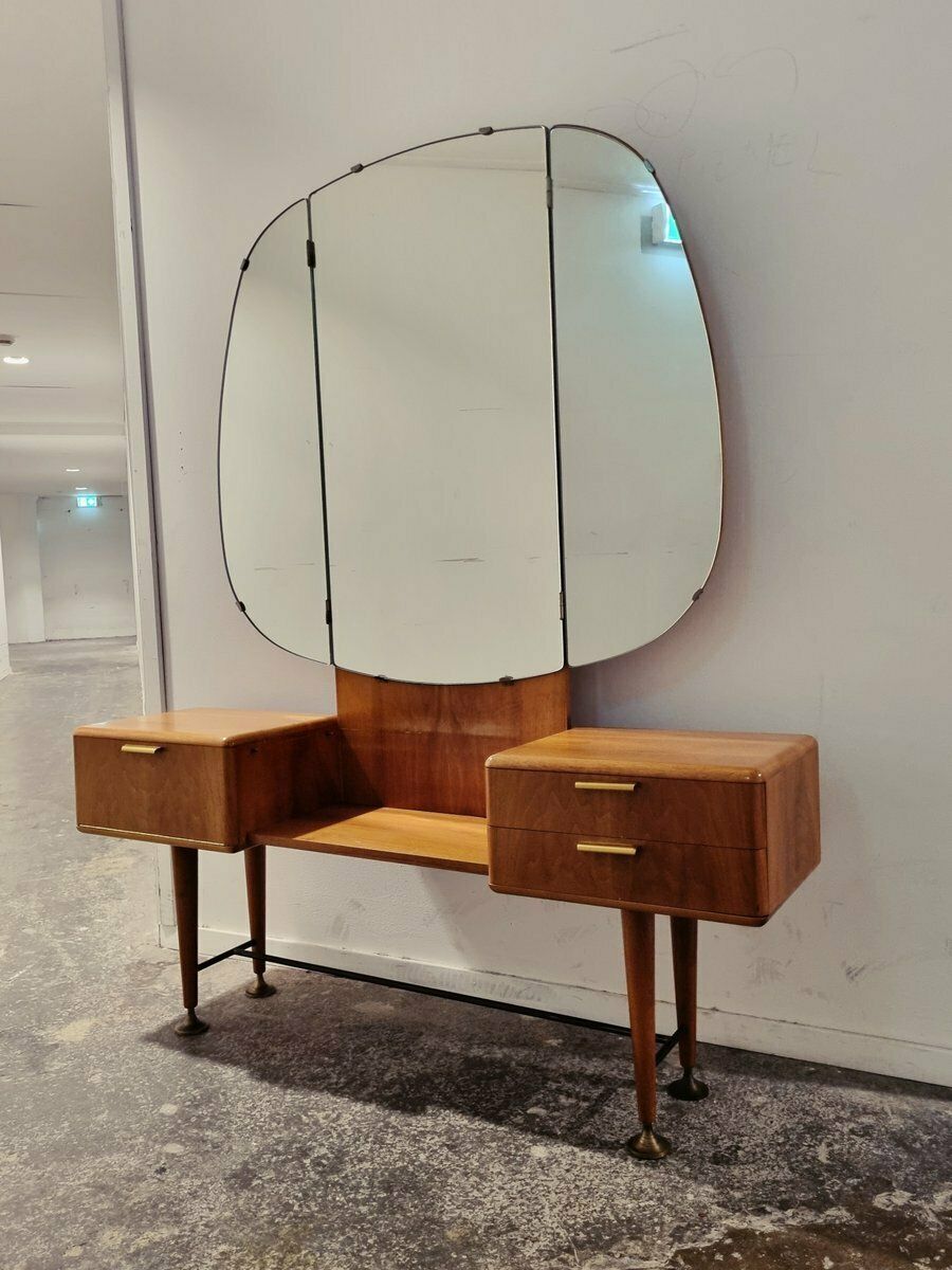 Mid Century Art Deco Style Walnut & Brass Dressing Table By A.A. Patijn For Zijlstra Joure