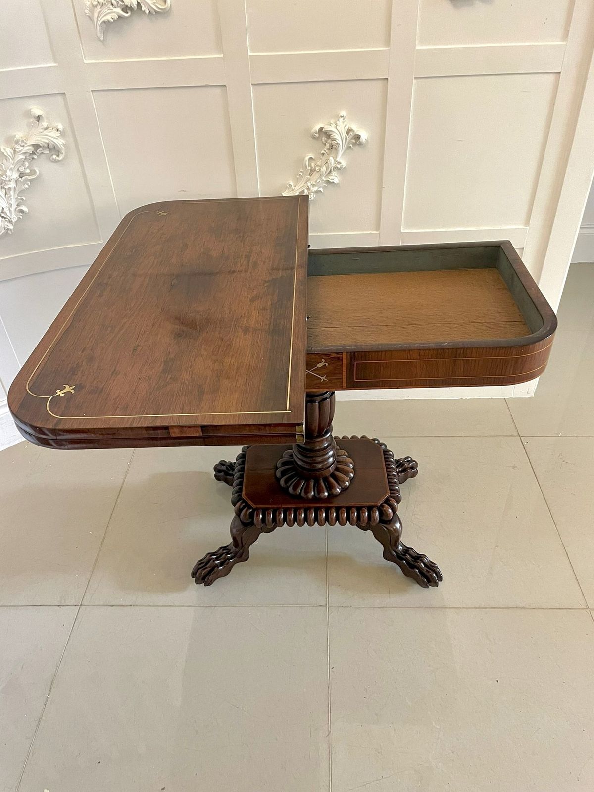 Fine Quality Antique Carved Rosewood Brass Inlaid Card Table photo vinterior